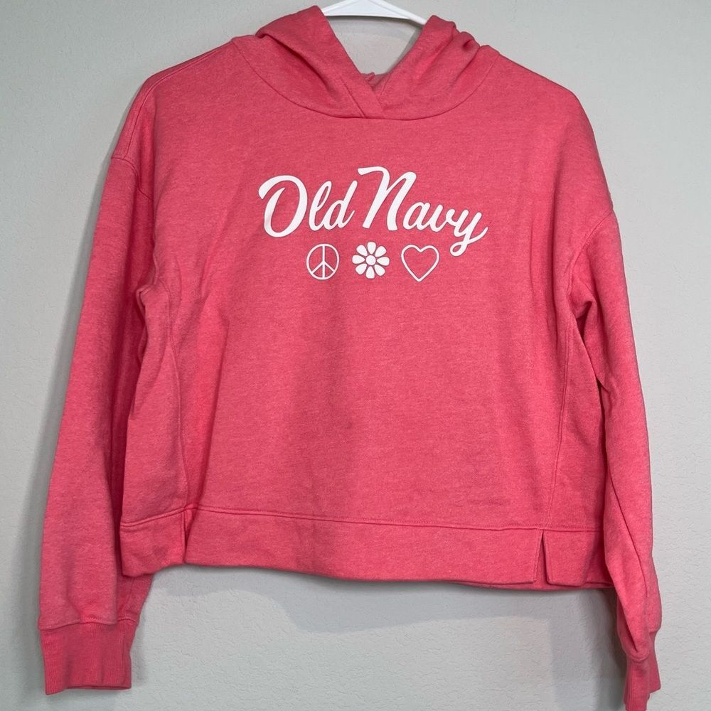 Old Navy Girls Hoodie Size XL 18/20 Pink Boxy heart peace flower Boho coquette